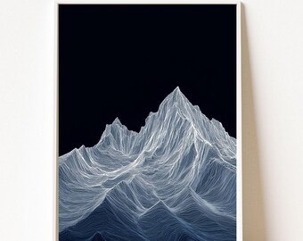 Line Mountain Print, Minimalist Mountain Art, Dark Abstract Landscape, Modern Wall Art, Blue Line Drawing Poster, Digital Mountain Art Print