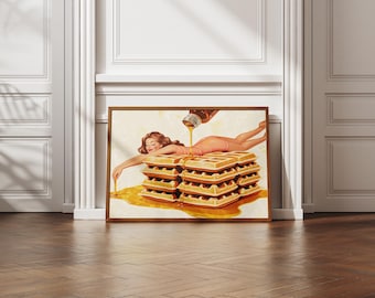 Waffle Woman Print, Funny Kitchen Art, Pin Up Style Poster, Foodie Kitchen Decor, Surreal Wall Art, Retro Style Poster, Digital Download