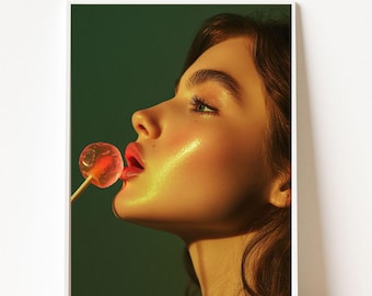 Lollipop Lips Poster, Sensual Woman Wall Art Print, Glamour Portrait Artwork, Clean Girl Aesthetic, Digital Art for Bedroom or Vanity Decor