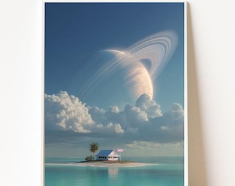 Saturn Island Print, Dreamcore Diner Poster, Surreal Beach Wall Art, Ocean Decor, Retro Futuristic Landscape, Digital Download