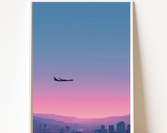 Airplane City Print, Aesthetic Cityscape Art, Hiroshi Nagai Style, Dreamcore Wall Art, Vaporwave Poster, Trendy Dorm Room Printable
