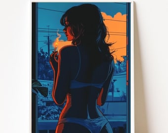 Anime Girl Poster, Dark Aesthetic Wall Art, Anime Wall Art, Edgy Room Decor, Sunset Apartment Scene, Digital Download Printable Art