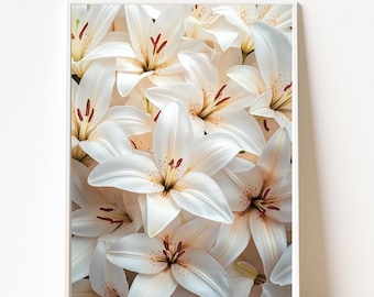 White Lily Flower Print | Elegant Floral Wall Art | Neutral Home Decor Poster | Living Room Printable | Digital Download Art | Lilies Poster