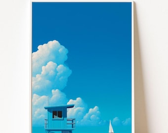 Coastal Beach Poster, Ocean Lifeguard Tower Wall Art, Minimalist Nautical Print, Modern Room Decor, Hiroshi Nagai Wall Art, Bold Art