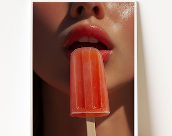 Glossy Lips Popsicle Art Print, Summer Seduction Poster, Hot Girl Wall Decor, Digital Download Portrait, Feminine Glam Bedroom Art