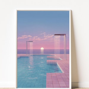 Liminal Pool-tryck, rosa blå estetisk affisch, Vaporwave-väggkonst, Dreamcore Pooldekor, trendigt studentrum utskrivbart, digital nedladdning