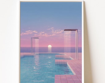 Liminal Pool Print, Pink Blue Aesthetic Poster, Vaporwave Wall Art, Dreamcore Pool Decor, Trendy Dorm Room Printable, Digital Download