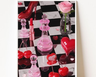 Romantic Chess Art Print, Pink Red Aesthetic Poster, Surreal Glam Art, Cherry Heart Decor, Feminine Surreal Printable, Digital Download