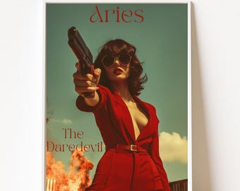 Aries Poster, Bold Zodiac Wall Art Print, Astrology Digital Download, Modern Decor, Feminine Star Sign Artwork for Bedroom or Living Room