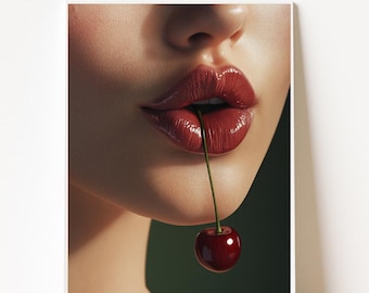 Cherry Lips Poster, Sensual Woman Wall Art Print, Modern Feminine Digital Download, Glamour Portrait Artwork for Bedroom or Living Room