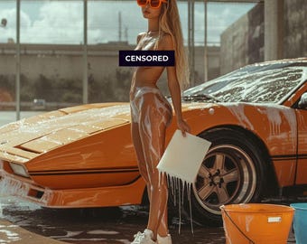 Nude Car Wash Girl Poster, Sexy Retro Wall Art Print, Glamorous Pinup Digital Download, Erotic Artwork for Garage or Man Cave Decor