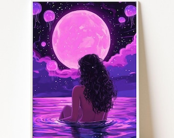 Pink Anime Girl Art, Surreal Fantasy Wall Art, Purple Animation Print, Cosmic Ocean Poster, Digital Lofi Aesthetic Print, Dreamy Moon Decor