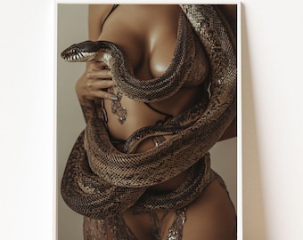 Snake Muse Poster, Seductive Woman Wall Art Print, Dark Feminine Digital Download, Exotic Glamour Portrait for Bedroom or Studio Decor