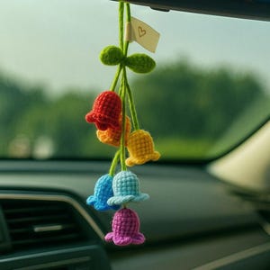 Crochet Lily of the Valley Car Hanging Plant Rear view Mirror Plant Decoration,Hanging Plant Car Accessory,Gift for Mom Her Birthday Gift.
