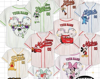 Personalize Pixar Characters Striped White Jersey, Custom land Baseball Team, Mickey Mouse Birthday, Gift for Fans