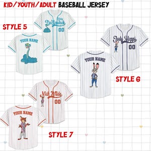 May include: Baseball jerseys in various styles, featuring cartoon characters and customizable text. The jerseys are white with pinstripes and colored accents. Designs include a snake, a rabbit, a fox, and the text "Your Name".