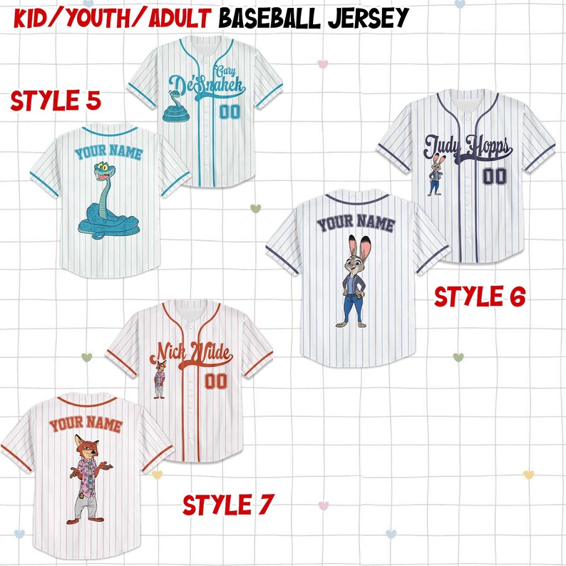 May include: Baseball jerseys in various styles, featuring cartoon characters and customizable text. The jerseys are white with pinstripes and colored accents. Designs include a snake, a rabbit, a fox, and the text "Your Name".