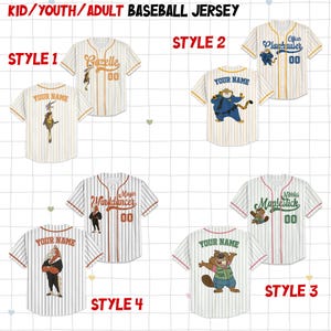 May include: Baseball jerseys for kids, youth, and adults. The jerseys are white with pinstripes and feature various cartoon characters and the option to add a name. Styles include "Gazelle", "Officer Clawhauser", "Nibbles Maplestick", and "Winddancer".