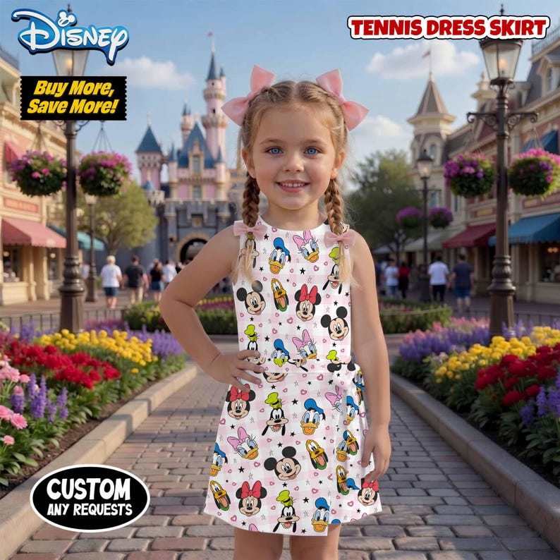 May include: A young girl wearing a white tennis dress skirt featuring Disney characters like Mickey Mouse, Minnie Mouse, Donald Duck, and Daisy Duck. The dress has a pattern of the characters and black stars. The text "Tennis Dress Skirt" is at the top.