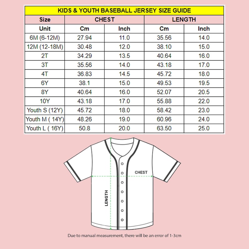 May include: A size guide for kids' and youth baseball jerseys, with chest and length measurements in inches and centimeters. Sizes range from 6 months to youth large (20 inches chest, 25 inches length). A jersey illustration is included.