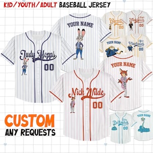 May include: Baseball jerseys with character designs, including Judy Hopps and Nick Wilde, are displayed. The jerseys are white with pinstripes and feature custom name options and the number "00". The text "CUSTOM ANY REQUESTS" is also visible.