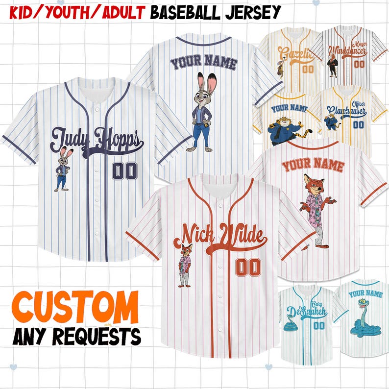 May include: Baseball jerseys with character designs, including Judy Hopps and Nick Wilde, are displayed. The jerseys are white with pinstripes and feature custom name options and the number "00". The text "CUSTOM ANY REQUESTS" is also visible.