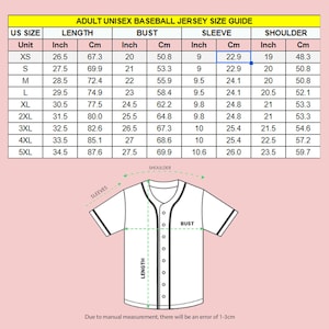 May include: Baseball jersey size guide for adult unisex sizes. Includes measurements in inches and centimeters for length, bust, sleeve, and shoulder. Sizes range from XS to 5XL. A diagram illustrates the measurement points on a jersey.