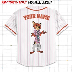 May include: White baseball jersey with red pinstripes and trim. The back features a cartoon fox character in a Hawaiian shirt and gray pants. The text "YOUR NAME" is arched above the character. The top of the jersey reads "KID/YOUTH/ADULT BASEBALL JERSEY".
