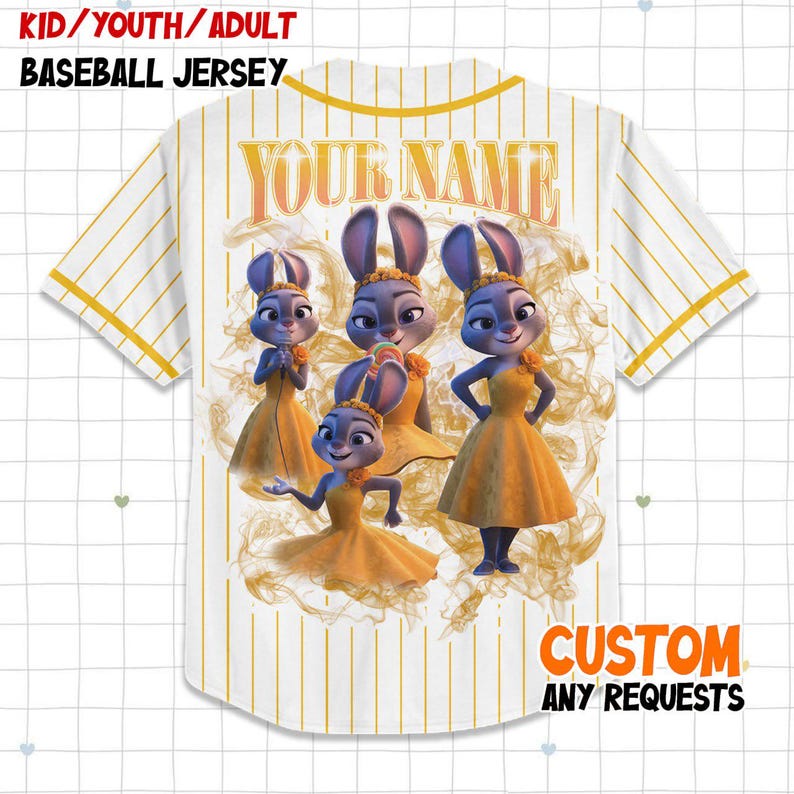 May include: White baseball jersey with yellow pinstripes and a cartoon graphic of bunny characters in yellow dresses. The jersey has the text "YOUR NAME" and "CUSTOM ANY REQUESTS" printed on it. The top text says "KID/YOUTH/ADULT BASEBALL JERSEY".