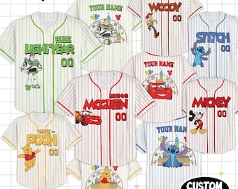 Personalize Pixar Characters Striped White Jersey, Custom land Baseball Team, Mickey Mouse Birthday, Gift for Fans
