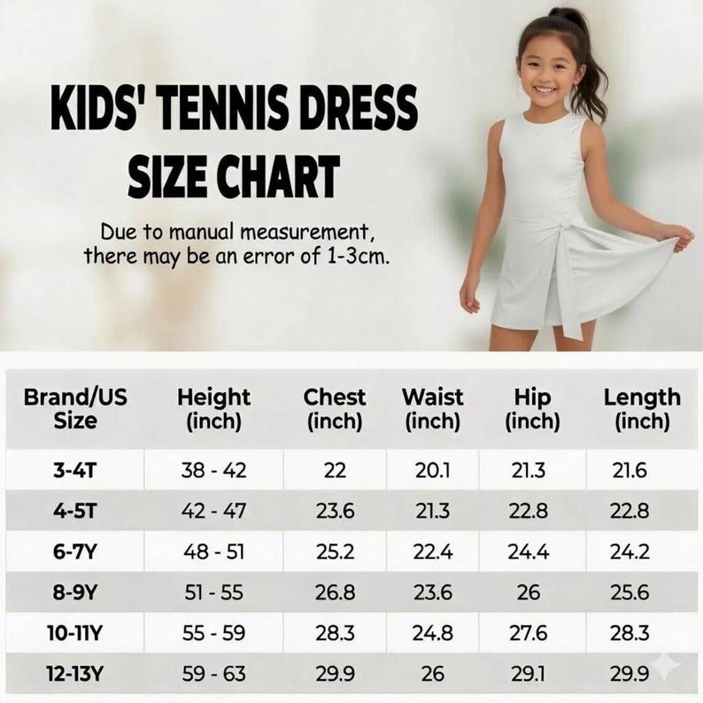May include: A white tennis dress size chart for kids. The chart includes measurements in inches for height, chest, waist, hip, and length. A young girl models the dress. The text on the image reads "KIDS' TENNIS DRESS SIZE CHART".