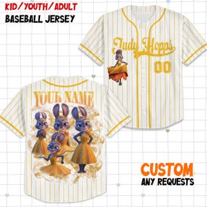 May include: White and yellow pinstriped baseball jersey with "Judy Hopps" and the number "00" on the front. The back of the jersey features a graphic of cartoon bunnies. Text on the jersey reads "KID/YOUTH/ADULT BASEBALL JERSEY" and "YOUR NAME".