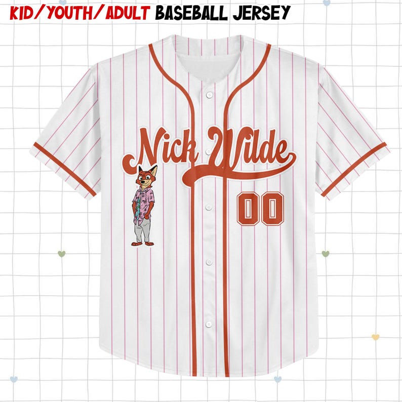 May include: White baseball jersey with red pinstripes, featuring the name "Nick Wilde" in orange script, the number "00", and an illustration of a fox wearing a shirt. The jersey has a button-up front and red trim.