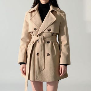 Women Elegant Woolen Coat, Minimalist Trench Style Fall Winter Jacket, Commuter Mac Coat, Walkjacke Overcoat, Elegant Double Breasted Belted