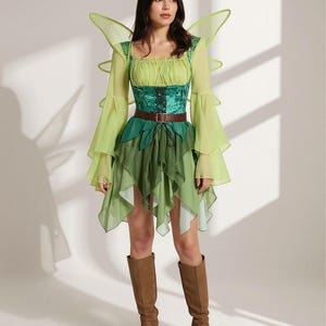 Green Fairy Elf Costume Dress: Velvet Bodice, Chiffon Skirt, Detachable Wings, Ren Faire, LARP