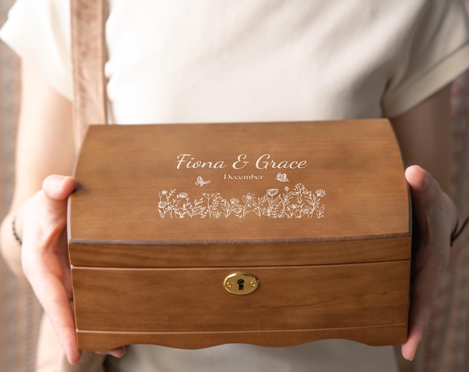 Personalised Wooden Jewellery Box Custom Engraved Keepsake Chest,Memory Box,Wedding or Valentine's Day,Lock and Key,Custom Jewelry Box