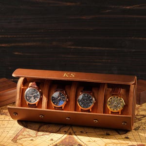 Personalized Leather Watch Roll 4 Slot, Travel Watch Case for Men, Suede Lined Watch Holder, Monogram Watch Storage, Gift for Watch Lover