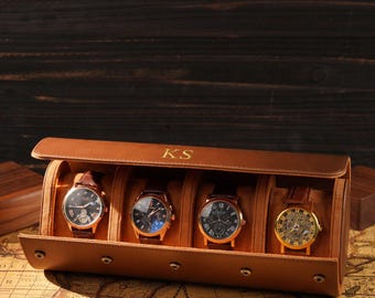 Personalized Leather Watch Roll 4 Slot, Travel Watch Case for Men, Suede Lined Watch Holder, Monogram Watch Storage, Gift for Watch Lover