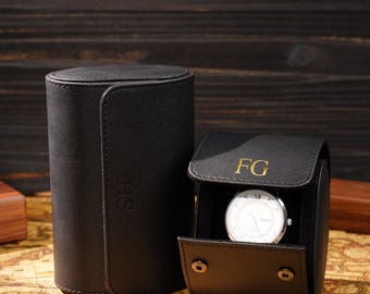 Personalised Watch Roll for 1–3 Watches – Black Leather Travel Case, Removable Pillows, Suede Interior; Anniversary & Groomsmen Gift
