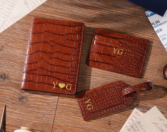 Personalized Crocodile Leather Passport Holder Set, Custom Travel Wallet & Luggage Tag, Vintage Brown Gift for Couples, Honeymoon Travel Set