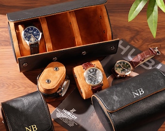Personalized Leather Watch Roll: Travel Case for 3 Watches, Monogram Gift