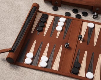 Travel Backgammon Set, Personalized Roll-Up Game Board, Compact Leather Backgammon, Custom Gift for Him, Portable Board Game for Travel