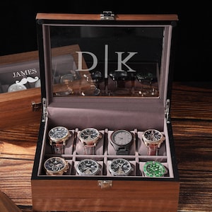 Personalized Wooden Watch Box for Men, Glass Lid Watch Display Case with Custom Initials, Luxury Watch Organizer Gift