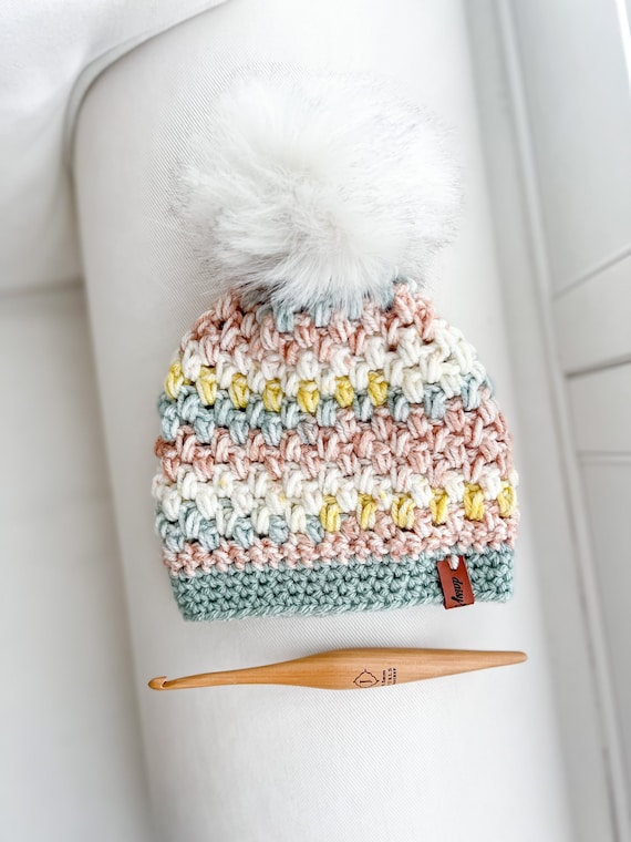 Easy Crochet Hat Pattern, Crochet Beanie Pattern, Pom Pom Hat Crochet Pattern, Beginner Hat Crochet Pattern, Puff Stitch, Cluster Stitch