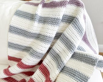 Easy Striped Blanket Crochet Pattern, Striped Crochet Throw Pattern, Easy Blanket Crochet Pattern - Mulberry Twist Crochet Blanket Pattern