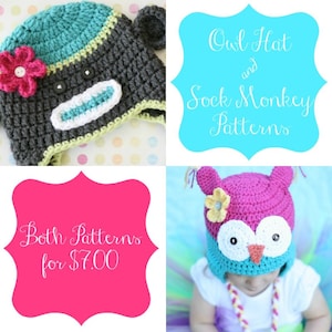 May include: Crocheted hat patterns for an owl and a sock monkey. The sock monkey hat is gray with a turquoise top and a pink flower. The owl hat is pink and turquoise with large white eyes and a yellow flower.