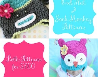Crochet Patterns, Owl Hat Pattern, Sock Monkey Pattern, Pattern Set - Permission to Sell