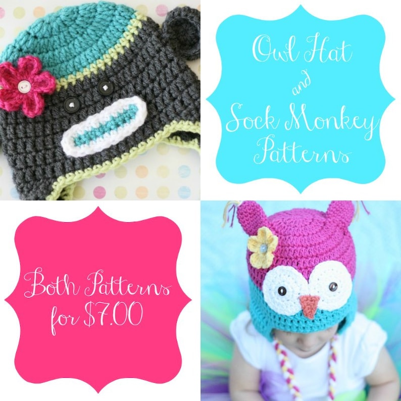 Crochet Patterns, Owl Hat Pattern, Sock Monkey Pattern, Pattern Set Permission to Sell image 1