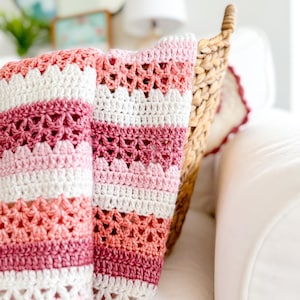 Couverture rayée au crochet pour débutant, motif de couverture facile au crochet, jeté au crochet, couverture pour bébé - motif au crochet en treillis de framboises