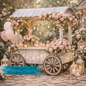 May include: A rustic white wooden cart, adorned with pink roses and string lights, is the focal point. The cart has large spoked wheels and is decorated with pink balloons. The text "18 Cottagecore Kissing Booth" is visible on the cart.